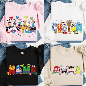 four different t-shirt designs featuring characters from popular Disney and superhero movies.
