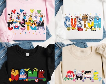 Sweatshirt aangepaste naam Disney, T-shirt Disneyland familie-uitstapje, Walt Disney World-shirt, bijpassende T-shirt Disneyland, Disney-figuren alfabet