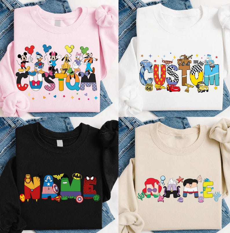 four different t-shirt designs featuring characters from popular Disney and superhero movies.