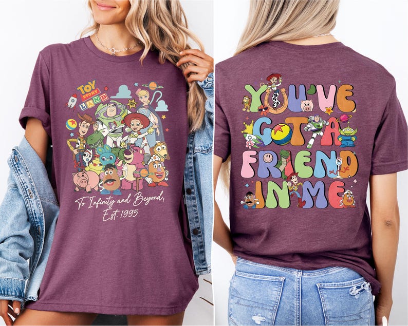 a woman wearing a purple tshirt that says you've got a friend