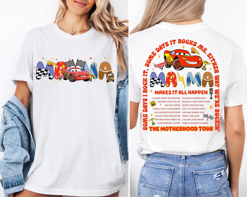 a woman wearing a t - shirt with cars on it