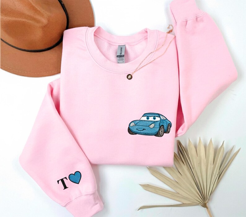 a pink sweatshirt with a blue car embroidered on it, along with a brown hat and some leaves.