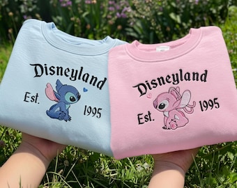 Embroidered Stitch And Angel Couple Sweatshirt: Valentine's Day Hoodie, Disney Couple Sweater, Matching Movie Cartoon Embroidered Sweatshirt