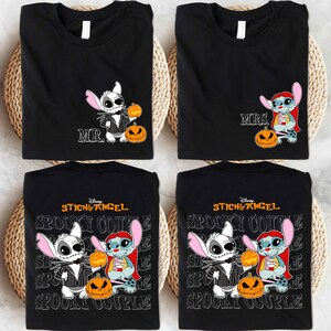 four black t-shirts with Halloween-themed designs featuring characters from the Disney movie "Stitch and Angel".