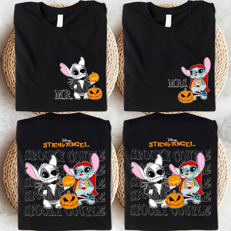 four black t-shirts with Halloween-themed designs featuring characters from the Disney movie "Stitch and Angel".