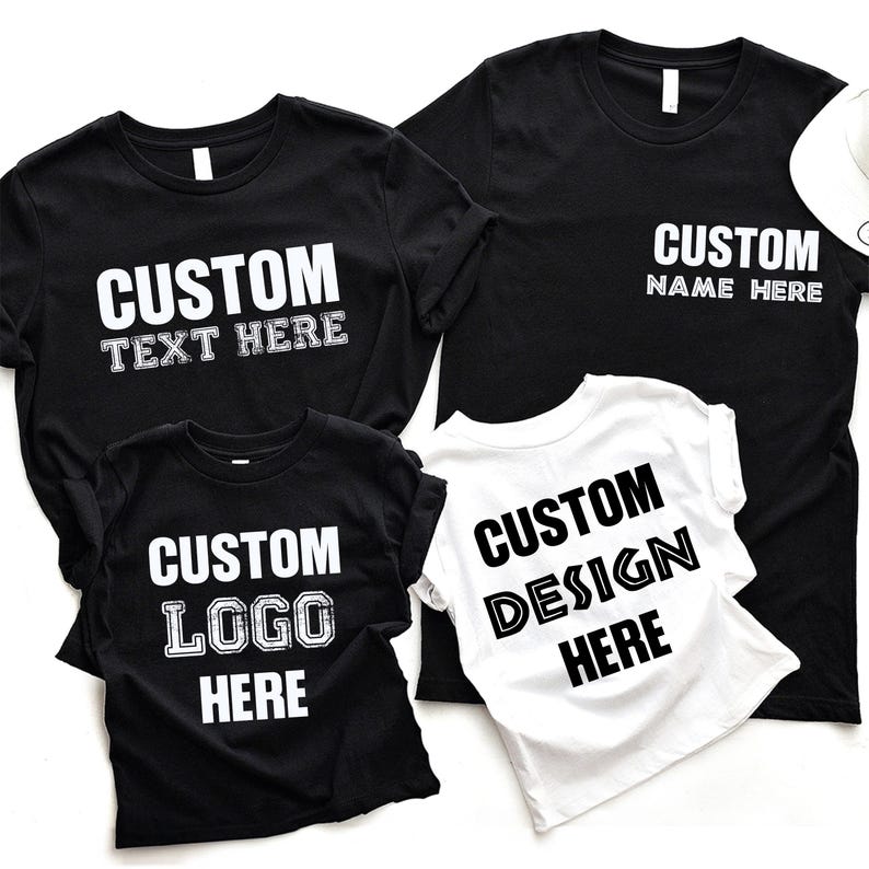 a group of three t - shirts that say custom, logo, design here