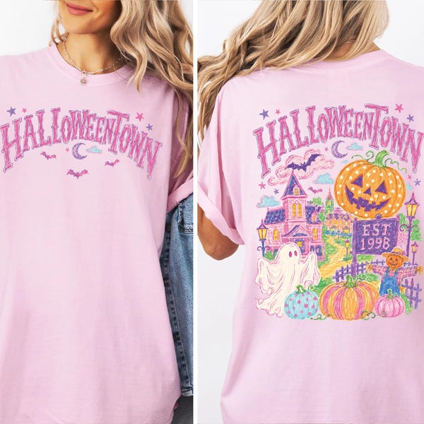 Comfort Colors®Pink Halloweentown Shirt, Retro Pink Girly Halloween Tee, Vintage Spooky Season T-shirt, Trendy Front Back Fall Tee