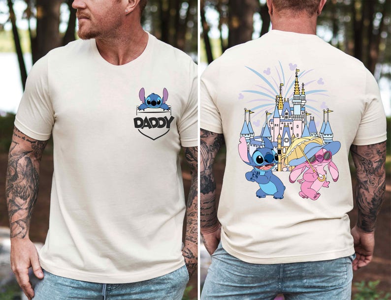 a man with tattoos wearing a disney shirt