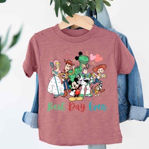 a pink t - shirt with cartoon characters on it