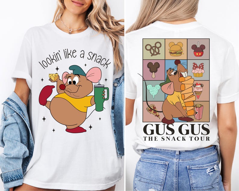 a woman wearing a t - shirt with a mouse on it