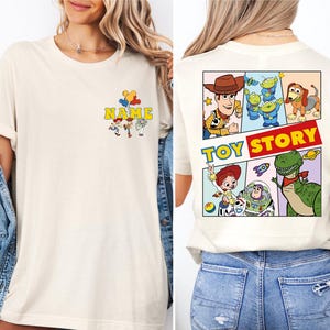 a woman wearing a toy story t - shirt