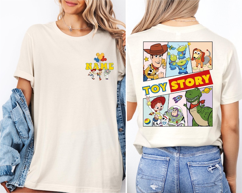 a woman wearing a toy story t - shirt