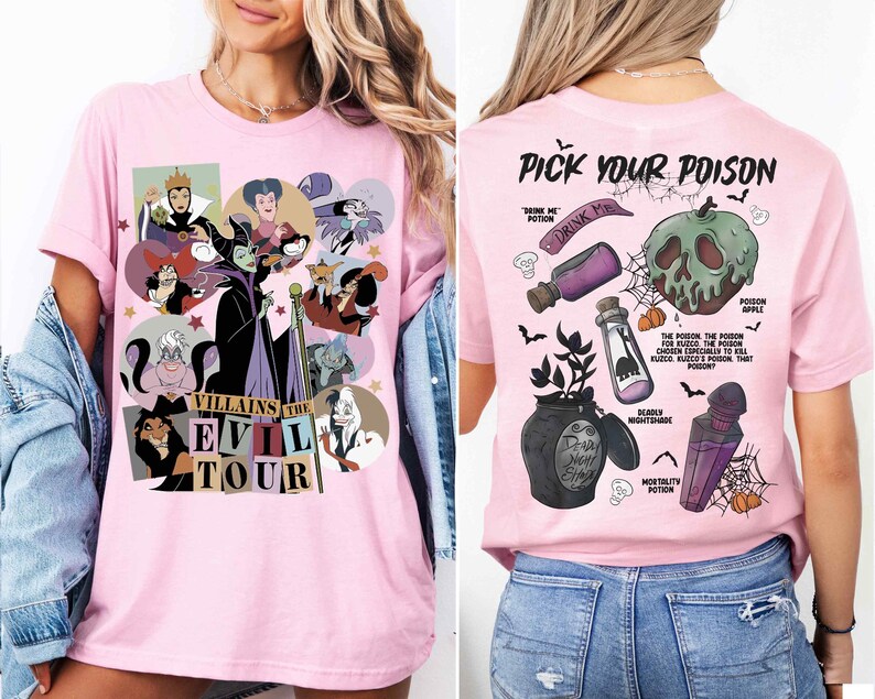 a woman wearing a pink shirt with cartoon characters on it