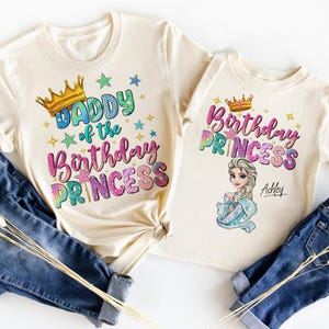 a pair of shirts that say happy birthday princess and the other saying happy birthday princess