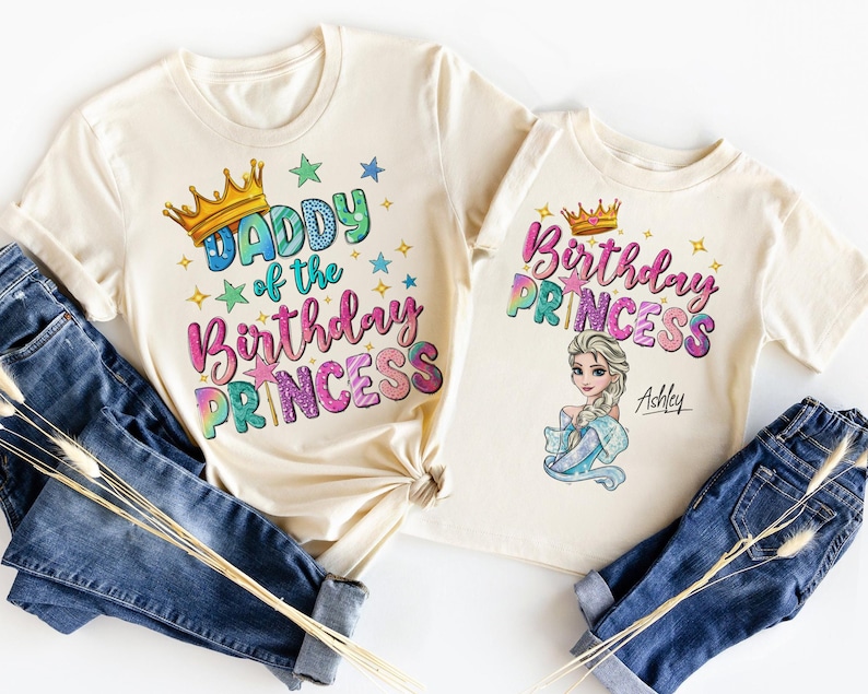 a pair of shirts that say happy birthday princess and the other saying happy birthday princess