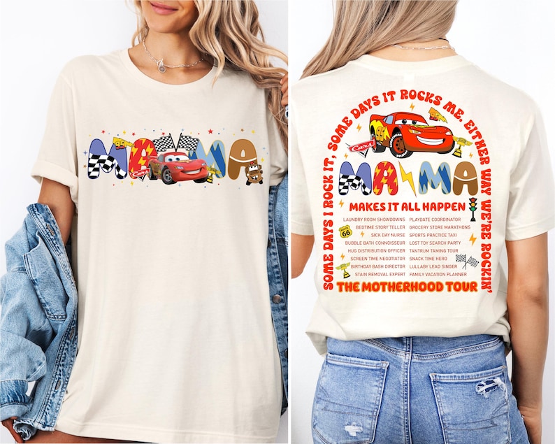 a woman wearing a t - shirt with cars on it