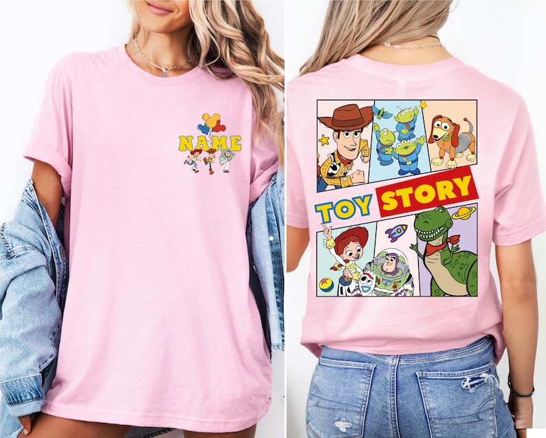 a woman wearing a pink toy story t - shirt