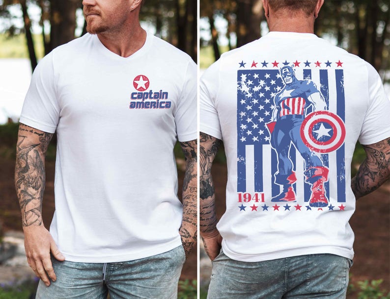 a man wearing a captain america t - shirt