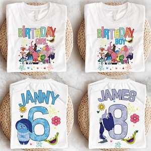 May include: Two white t-shirts with a colorful "Birthday Girl" and "Birthday Boy" graphic featuring characters from the movie Inside Out. Two other white t-shirts with the names "Janny" and "James" and the numbers "6" and "8" in blue and purple with the same Inside Out characters.