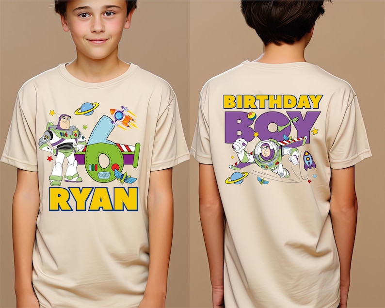 a young boy wearing a toy story birthday t - shirt