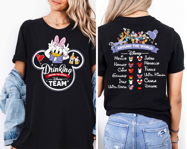 a woman wearing a mickey mouse t - shirt