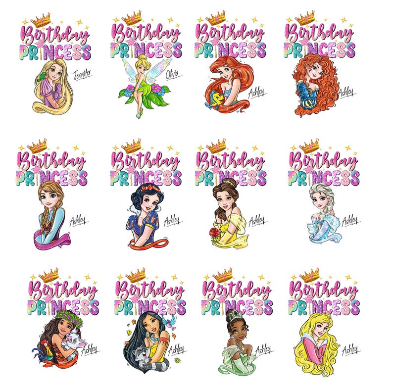 a bunch of princess stickers on a white background