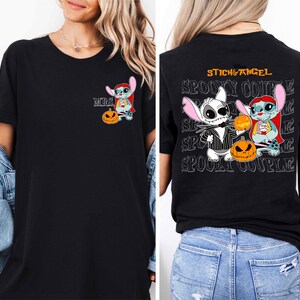 The image is a collage of two photos of a woman wearing a black t-shirt with a Halloween-themed design featuring characters from the movie Stitch and Angel.