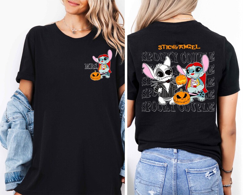 The image is a collage of two photos of a woman wearing a black t-shirt with a Halloween-themed design featuring characters from the movie Stitch and Angel.