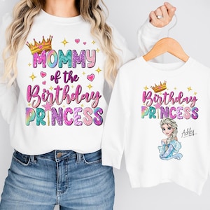 a woman wearing a white shirt that says, mommy of the birthday princess