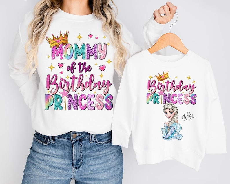 a woman wearing a white shirt that says, mommy of the birthday princess
