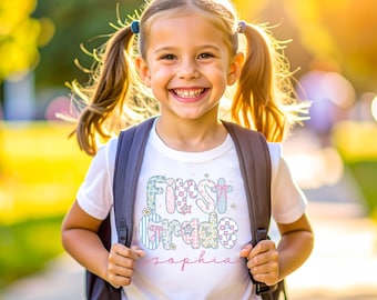 Custom Name First Grade T-shirt, 1st Grade Kids Shirt, Back to School T-shirt, Personalized Preppy 1st Grade Shirt, First Grade Crew T-Shirt