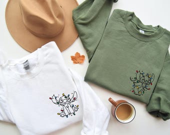 Stich und Engel gesticktes Weihnachtslichter Paar Sweatshirt, Disney Weihnachten Sweatshirt, Disney gestickter Ehemann und Frau Hoodie