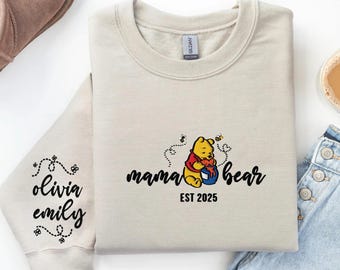 Embroidered Mama Bear Sweater, Personalized Embroidered Mama Bear Hoodie With Kids Names Sleeve, Best Mom Sweater, Mother's Day Gift Hoodie