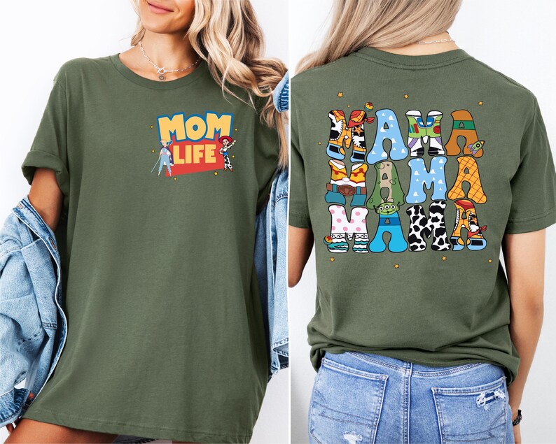 a woman wearing a mom life t - shirt