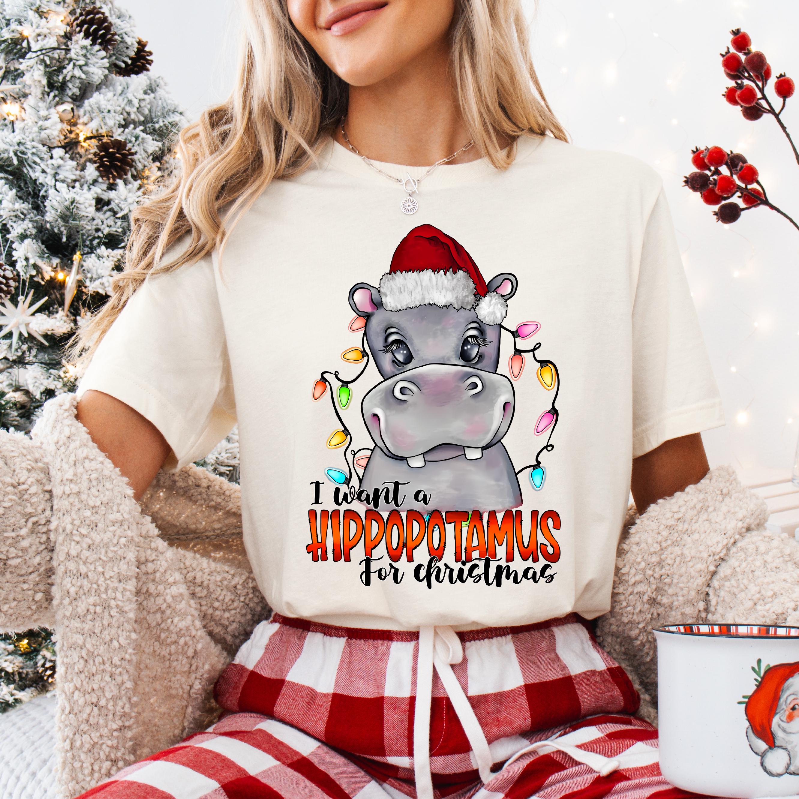 T-shirt Homme Gildan Coton - Motif Hippopotame De Noël - Taille Au Choix