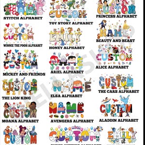 Sudadera con nombre personalizado de Disney, camiseta para viaje familiar a Disneyland, camiseta de Walt Disney World, camiseta a juego de Disneyland, alfabeto de personajes de Disney imagen 7