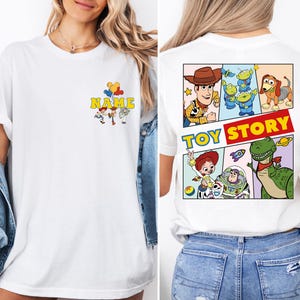 a woman wearing a toy story t - shirt
