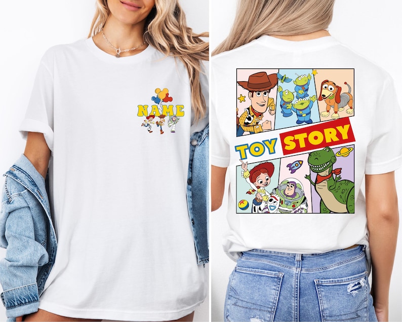 a woman wearing a toy story t - shirt
