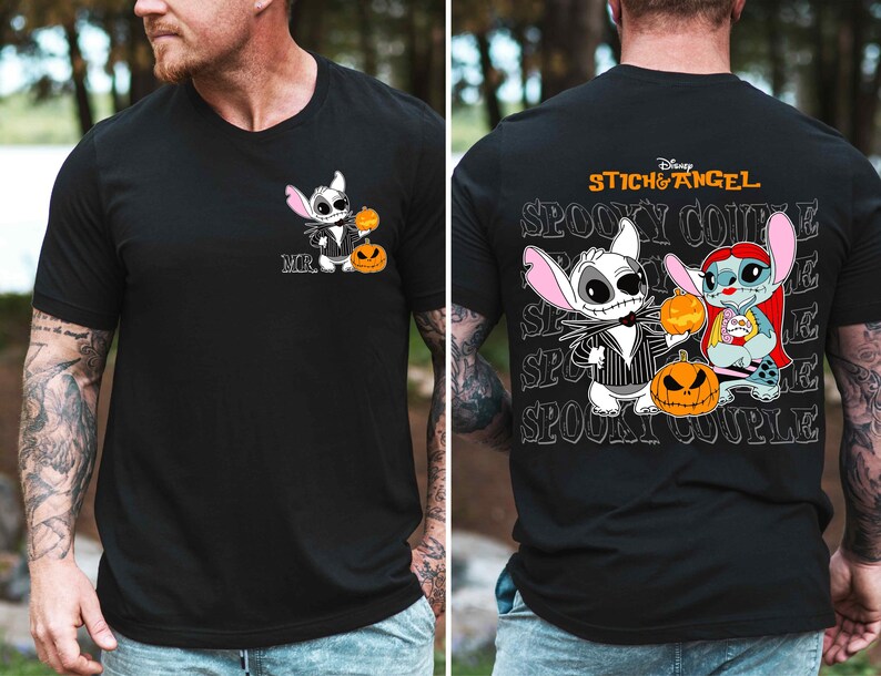 A man wearing a black t-shirt with a graphic design featuring characters from the Disney movie "Stitch and Angel".