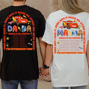 a man and a woman holding hands while wearing matching shirts