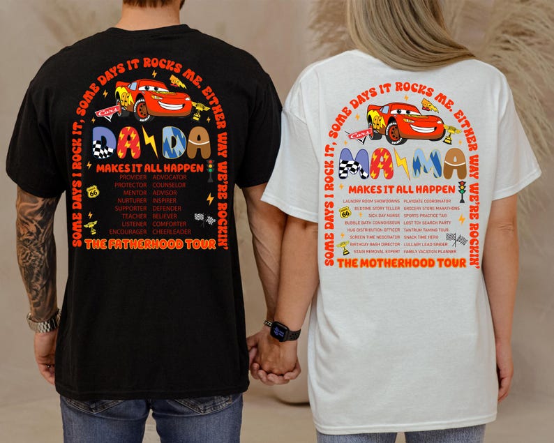 a man and a woman holding hands while wearing matching shirts
