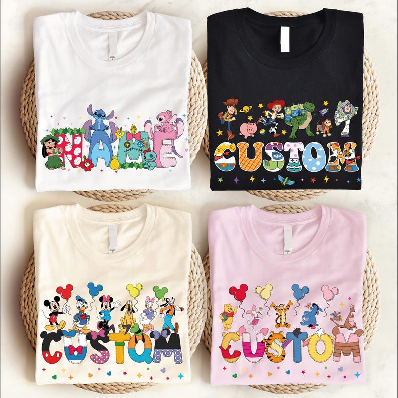 four t-shirts with different Disney character designs and the word "CUSTOM" printed on them.