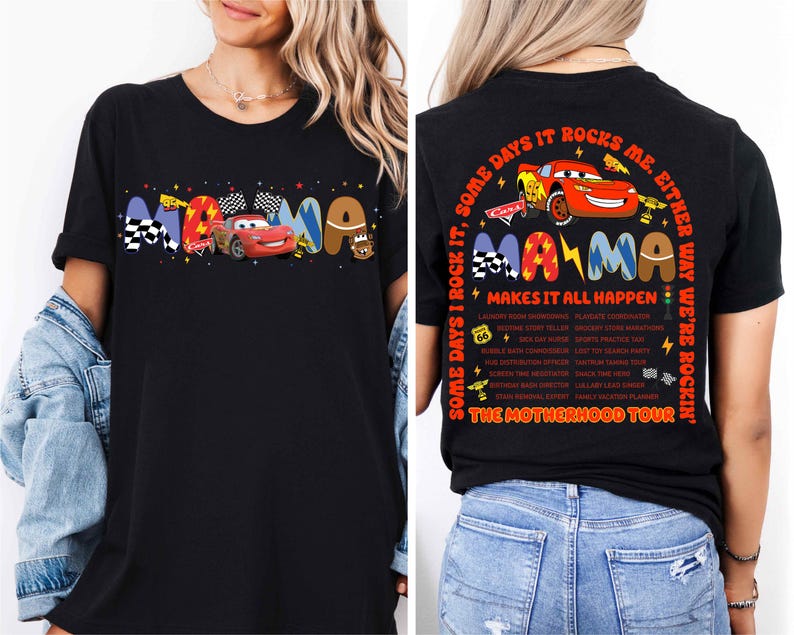 a woman wearing a black shirt with cars on it