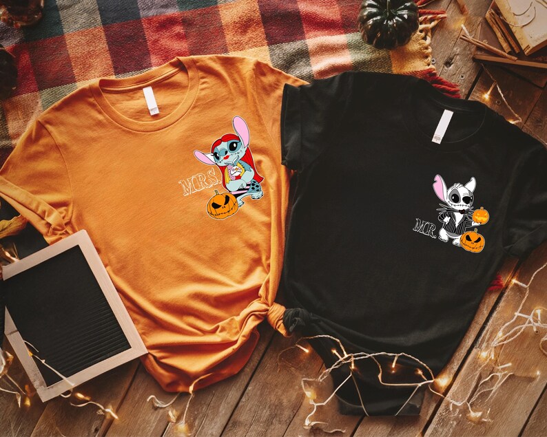 two t-shirts with cartoon characters from the movie "Stuffed" and the text "MRS" printed on them, along with Halloween-themed designs.