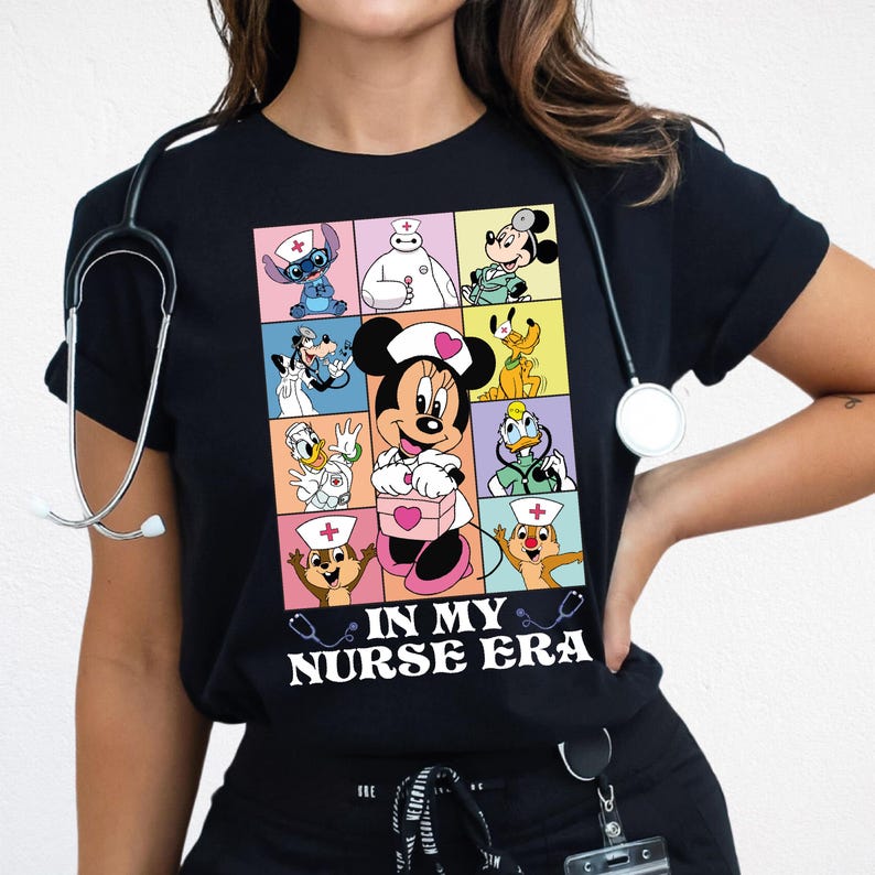 a woman wearing a mickey mouse t - shirt