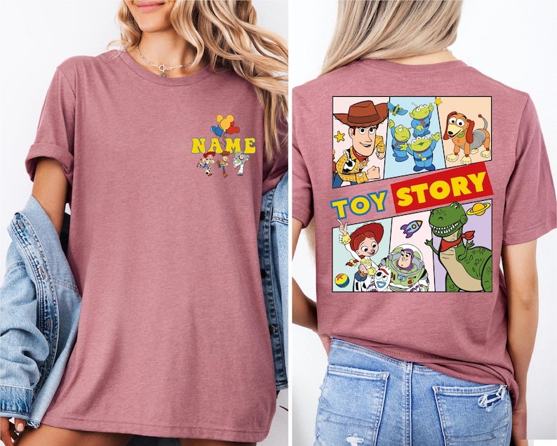 a woman wearing a t - shirt that says toy story