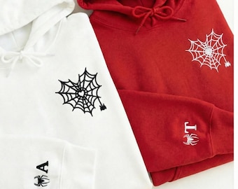 Embroidered Spider Web Heart Couple Sweatshirt, Custom Valentine's Day Embroidered Matching Sweater, Spiderweb Romantic Embroidered Hoodie