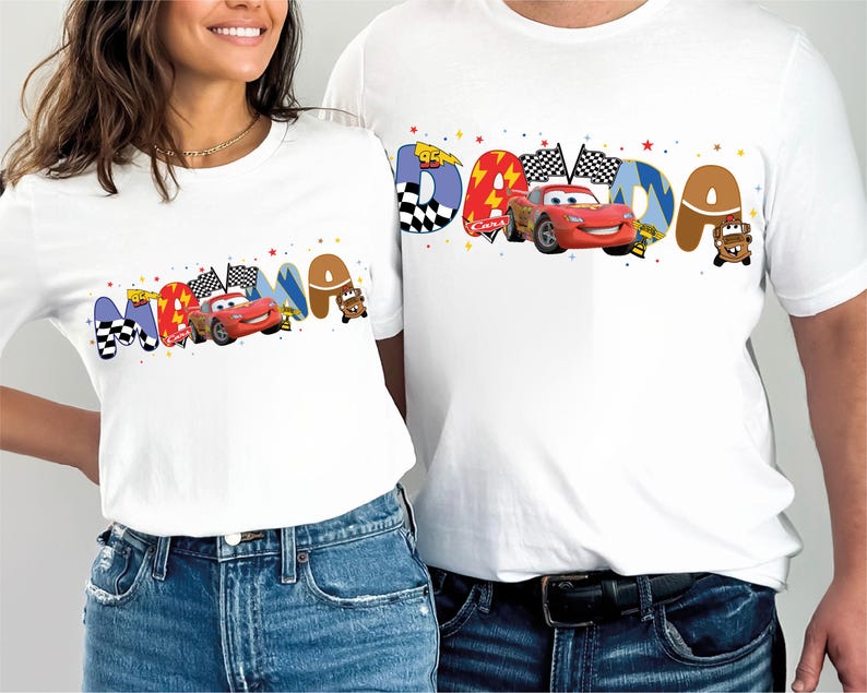 a man and a woman wearing matching shirts