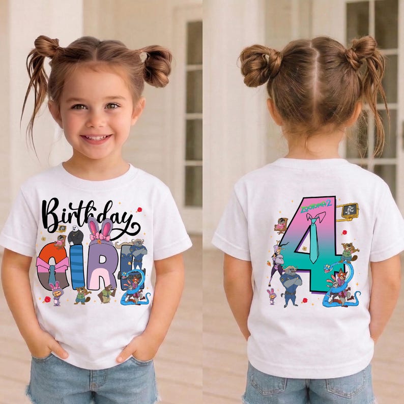 A young girl wearing a white t-shirt with a birthday design and the number 4 on the back.