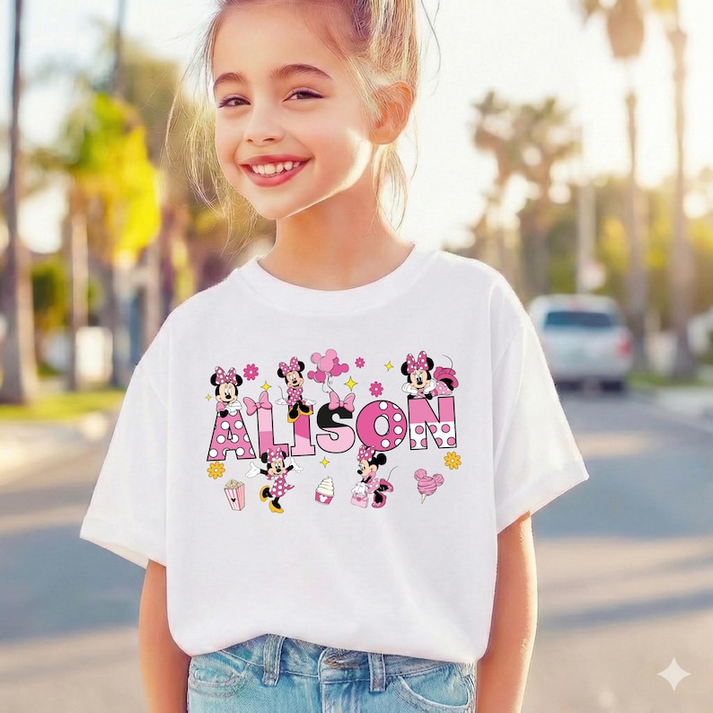 A young girl wearing a white t-shirt with Minnie Mouse and other Minnie Mouse characters and the name "Alison" printed on it.